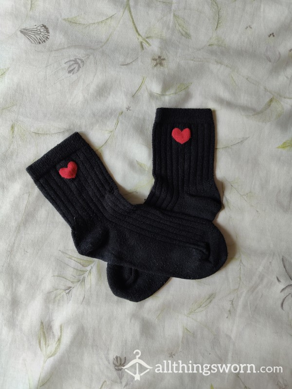 Black Socks With Hole On Ankle And Red Heart Embroidery