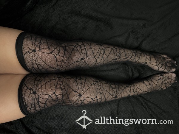 Black Spiderweb Thigh Highs/ Black Hosiery/ Size 10 Feet