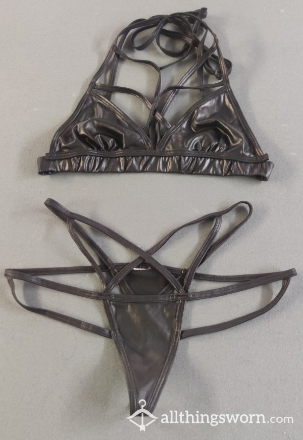 Black Star Strappy Soft Pleather Bra And Thong Set