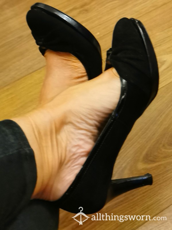 Black Suede High Heels Worn 💋💋 Size 5uk Old Work Shoe's 💋💋💋