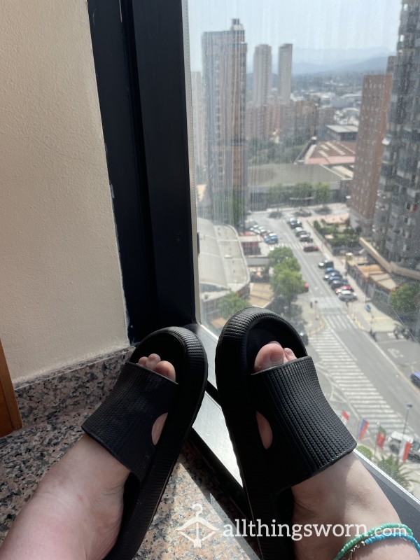 Black Sweaty Dirty Plastic Sliders, Worn While I Was On Holiday In 30 Degree Heat While My Soles Were Sweating😈