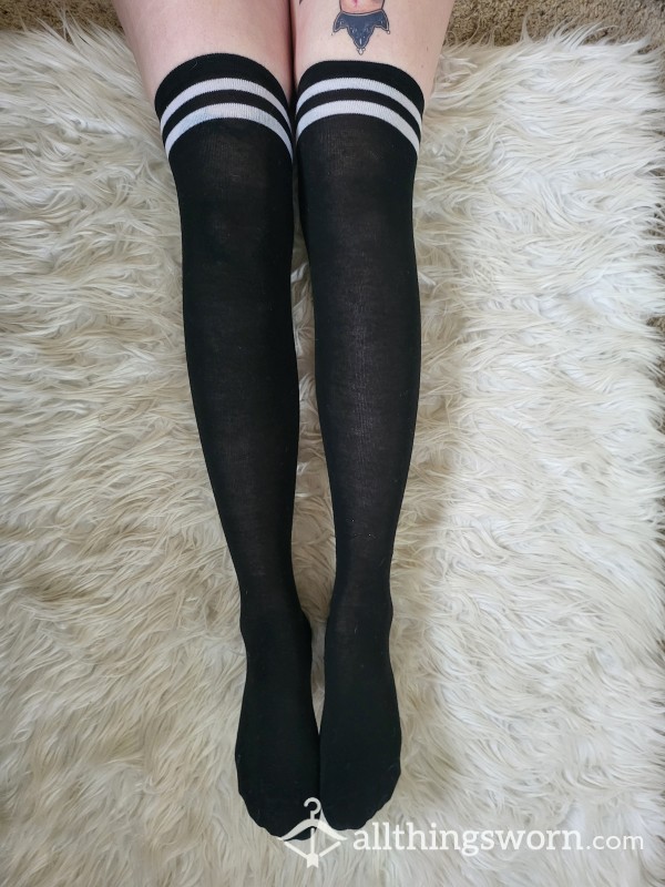 Black Thigh High Socks With White Stripes