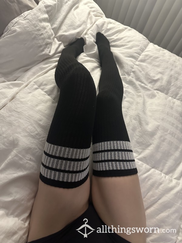 Black Thigh High Stockings With White Stripes