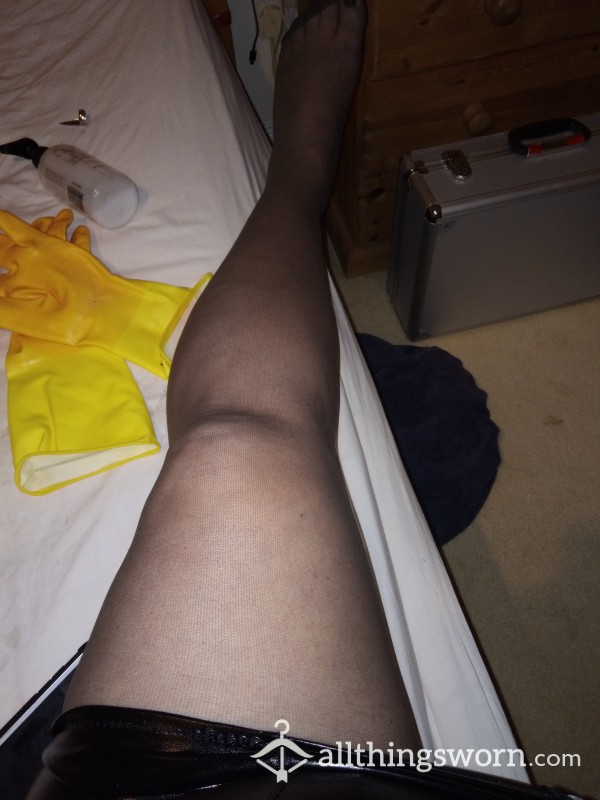 Black Tights.  Ripped At The Crotch, Moist After Wearing