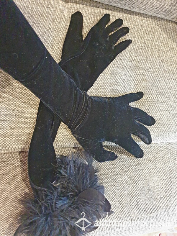 Black, Velvet, Feather Trim, Well Worn, Above The Elbow Gloves.