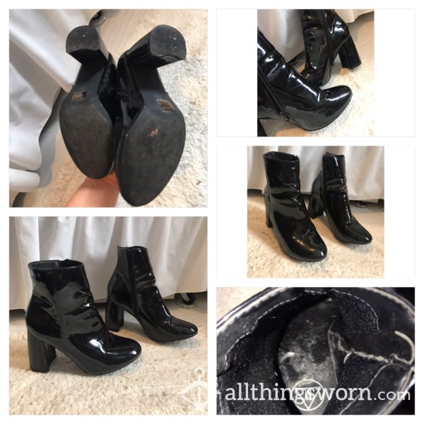 Black Vinyl Heeled Ankle Boots