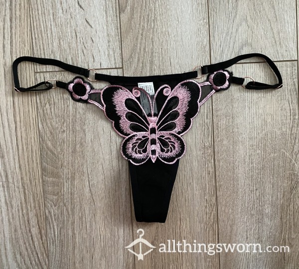 Black/Pink Mesh Butterfly Thong - Worn Your Way