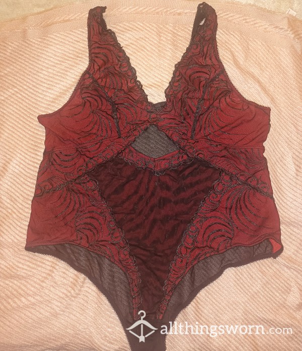 Black/Red Lace And Mesh Lingerie Bodysuit