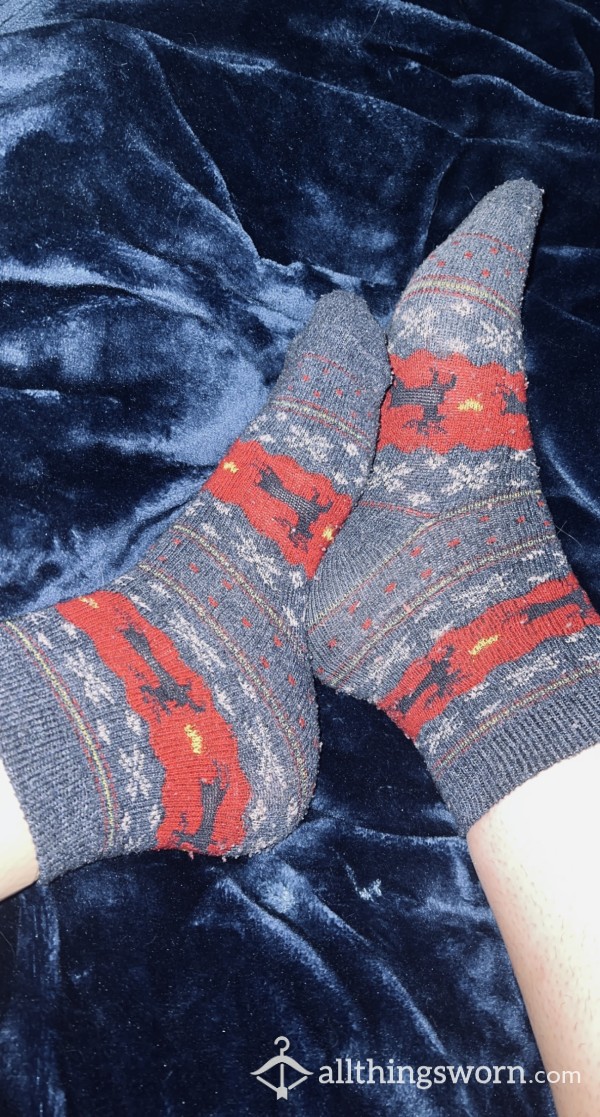 Blue And Red Reindeer Knit Socks