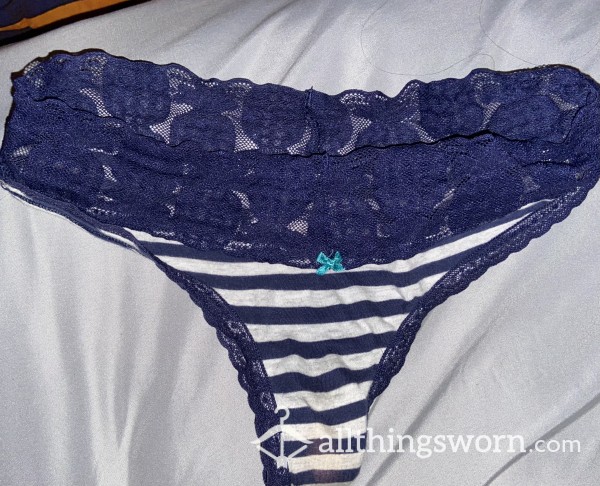 Blue And White Striped Lace Lined Thong