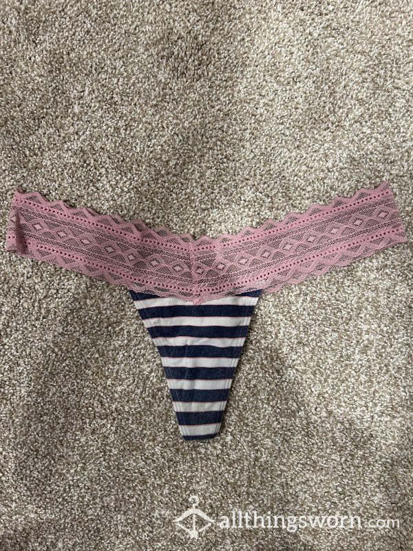 Blue And White Striped Thong With Pink Lace