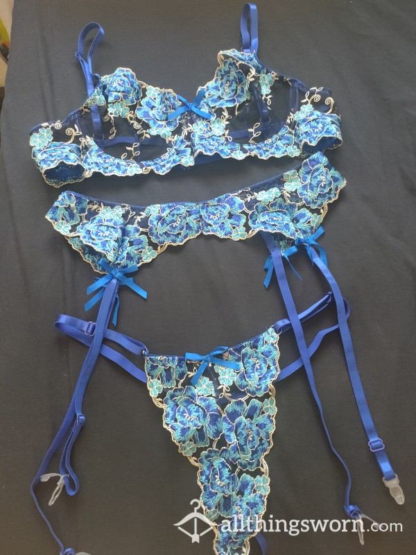 24 Hour Blue Embroidered 3 Piece Lingerie Set