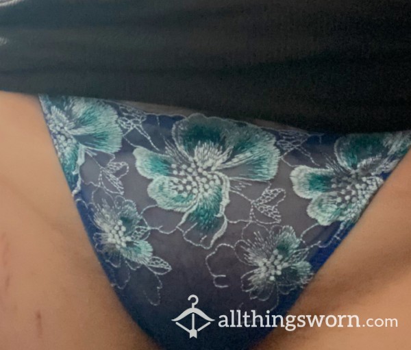 Blue Embroidered Thong