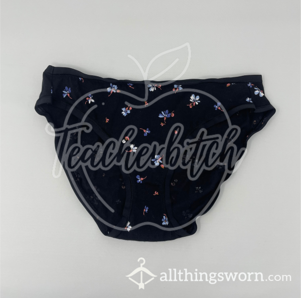 Blue Floral Cotton Full-back Panties | Hole In The Waistband (S)