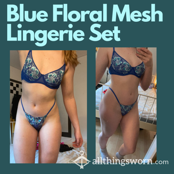 Blue Floral Mesh Lingerie Set