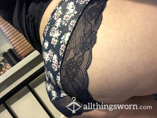 Blue Floral Satin And Lace Panties