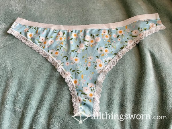 Blue Floral Thong With Lace Detail