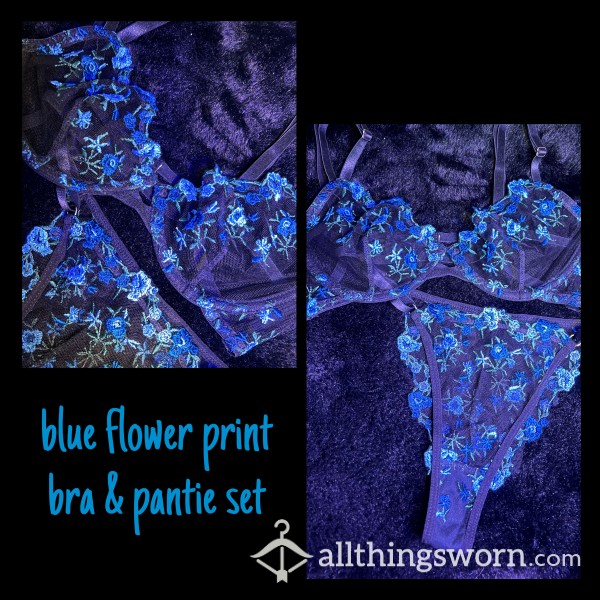 Blue Flower Patterned Bra & Pantie Lingerie Set 💙🖤