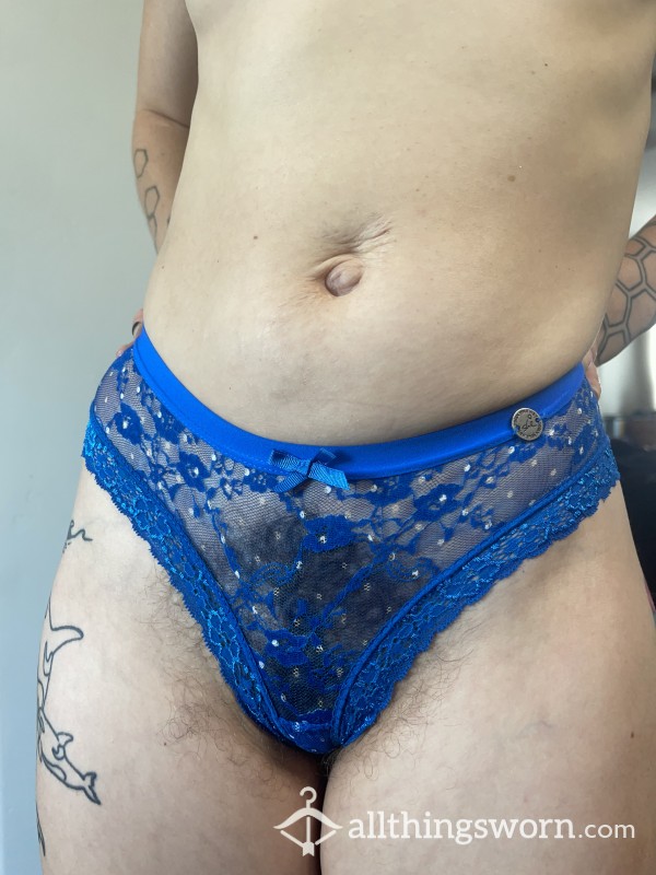 Blue Lace Thong With White Polka Dots