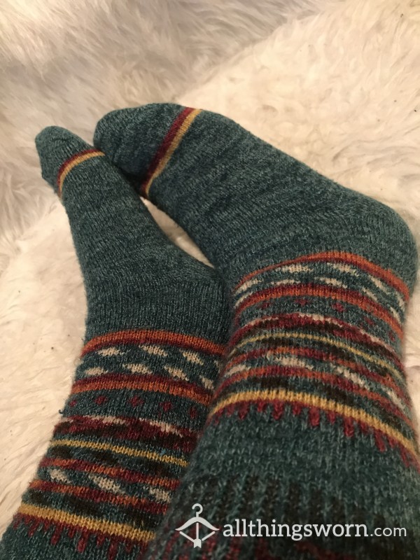 Blue Long Wool Socks With Design