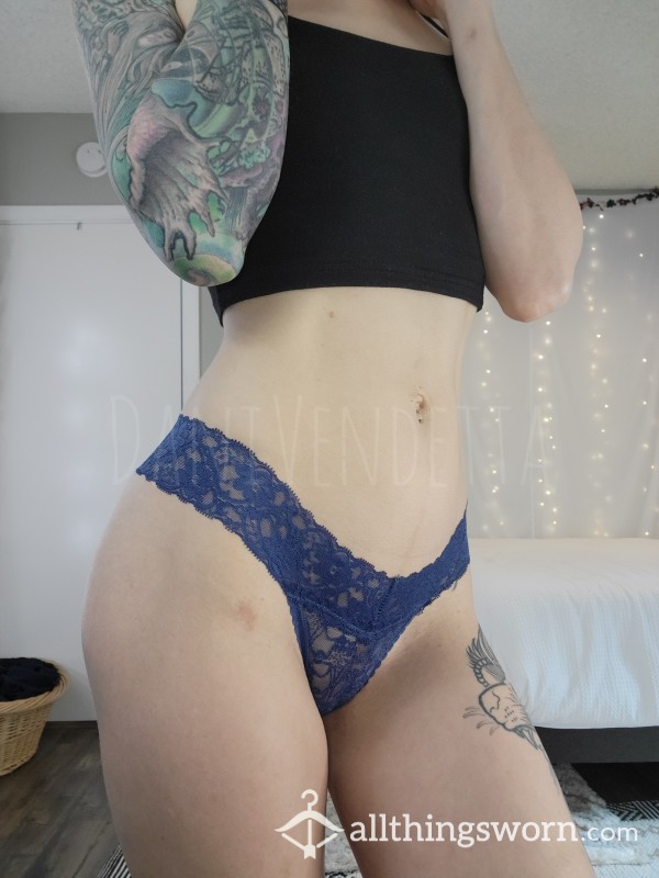 Blue Low Rise Lace Thong 😍