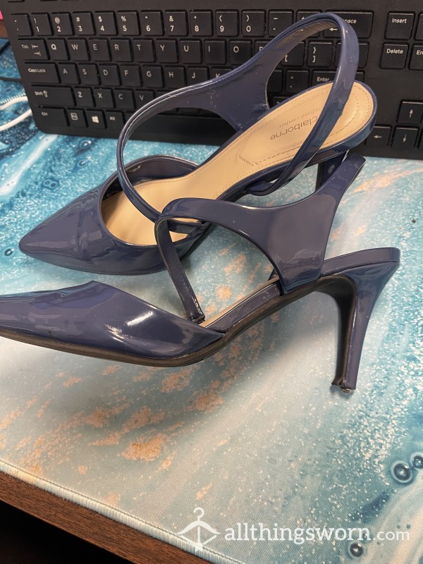 Blue Office Heels, Worn 50+ Times And Falling Apart On The Inside