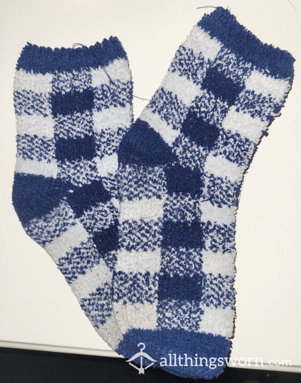 Blue Plaid Fuzzy Socks