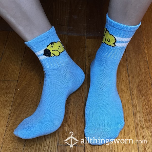 Blue Pompom Purin Crew Socks