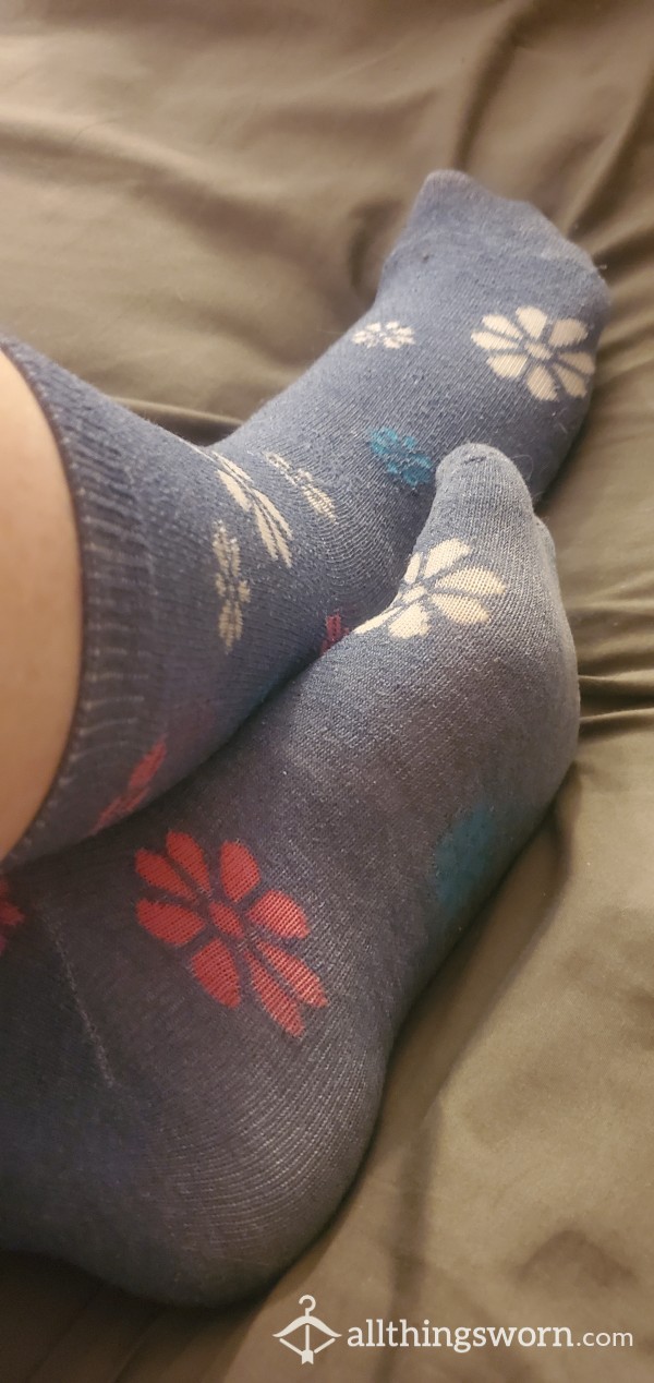 Long Blue Flowery Socks
