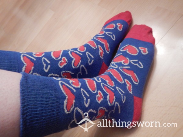 Blue Socks With Red Hearts- 48h Wear