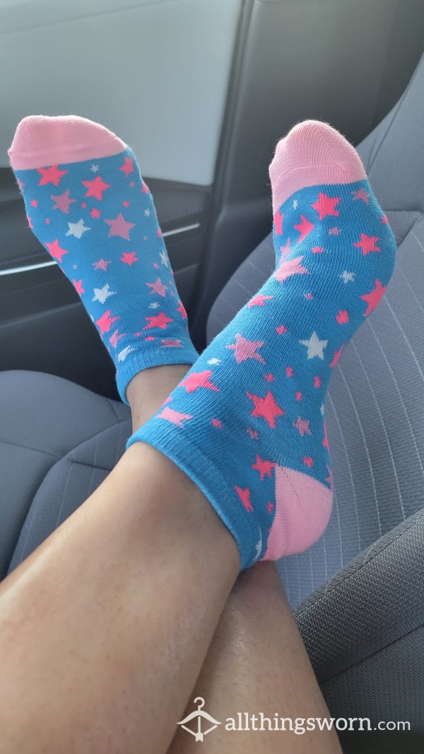 Blue Star Pattern Ankle Socks With Pink Color Block