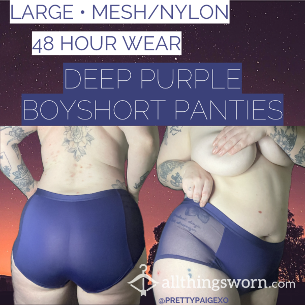 Boyshort Panties 💜 Deep Purple, Mesh & Nylon 💋 Large, 48hr Wear 😈