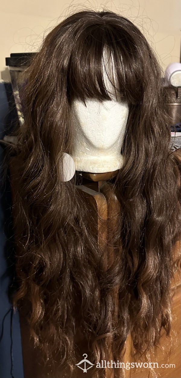 Brand New 24” Brown Wig With Fringe And Beach Wave Texture
