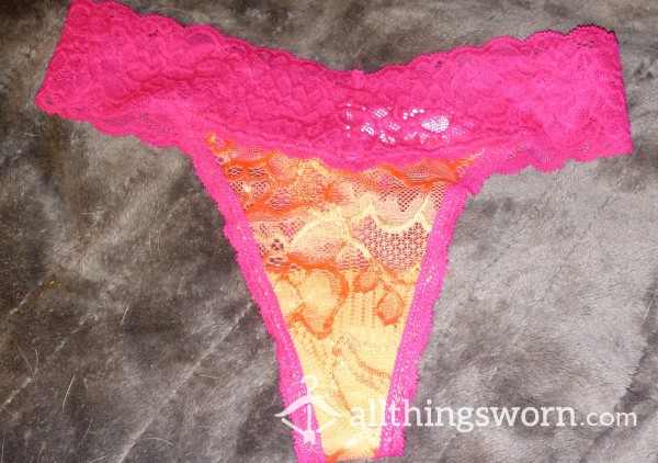 Bright Orange/deep Pink Lace Thong.  Several Sizes.  So Pretty!