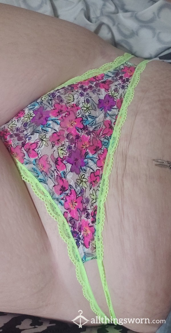 Bright Yellow Floral Lace Thong