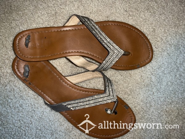 Brown And Silver Flip Flops Size 9 Well Worn