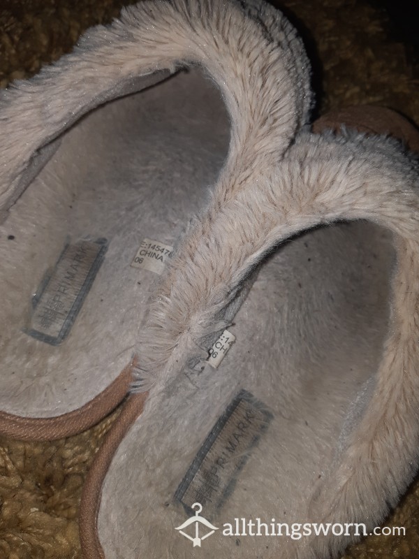 Brown Fluffy Slippers. Worn Barefoot
