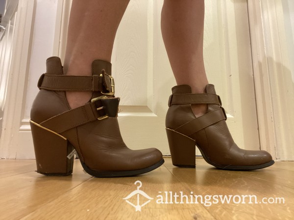 Brown Leather Chunky Heel Boots
