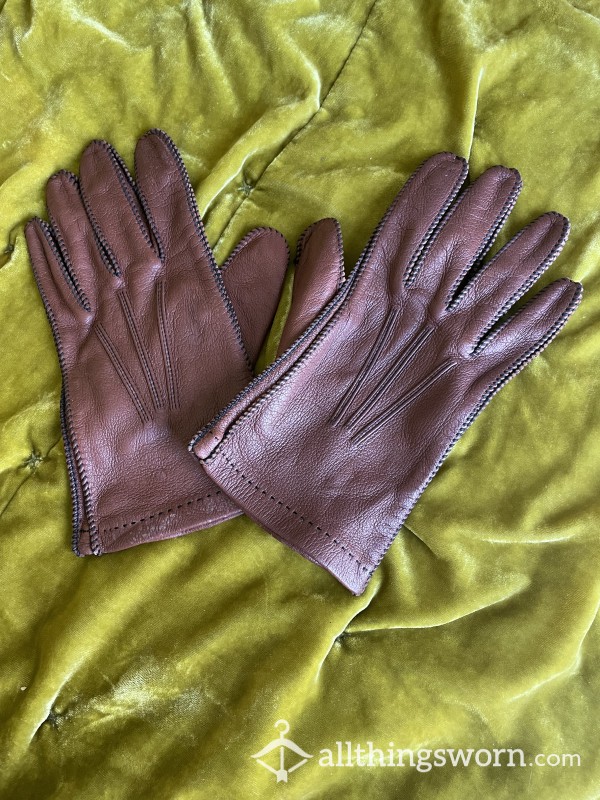 Brown Leather Gloves With Black Stitching