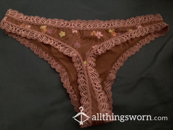 Brown Patterned Lacy Thong