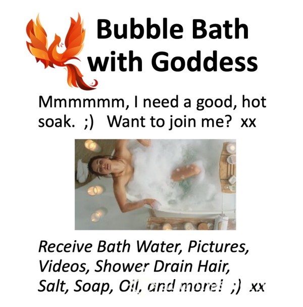 Bubble Bath With Goddess!  Xx  Care To Join Me For A Soak?  Xx  Complete Kit With Videos, Pics, Soap, Oil, Salt, Bath Water, Drain Hair, And More!  Xx  ;)