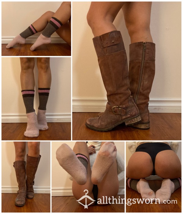 Bundle!! Leather Knee High Boots With Merino Wool Socks Size 7US 37.5EU