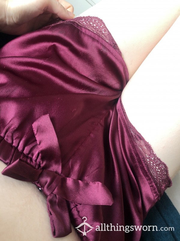 Burgundy Silky Shorts - Worn To Bed Without Panties.