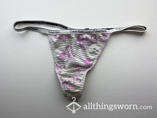 Calvin Klein Cotton Thong - Aged & Extremely Well Worn / White With Pink Pattern