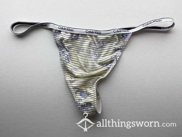 Calvin Klein Thong - Aged & Extremely Well Worn / White With Blue Pattern