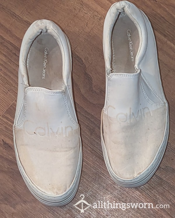 Calvin Klein Sweaty White Slip On Flats Well Worn
