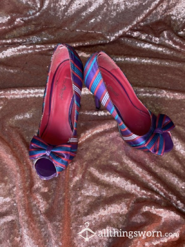 Candy Colored Size 7 Purple Striped Open Toe High Heels With Bow