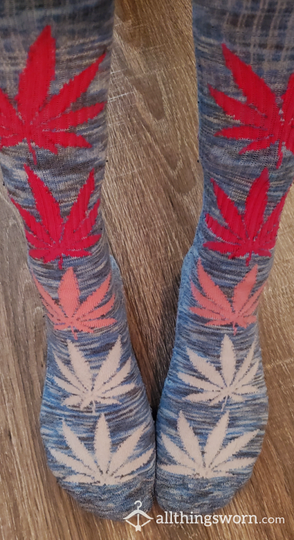 Cannabis Leaf Print Mid Calf Socks - Very Well Worn & Loved