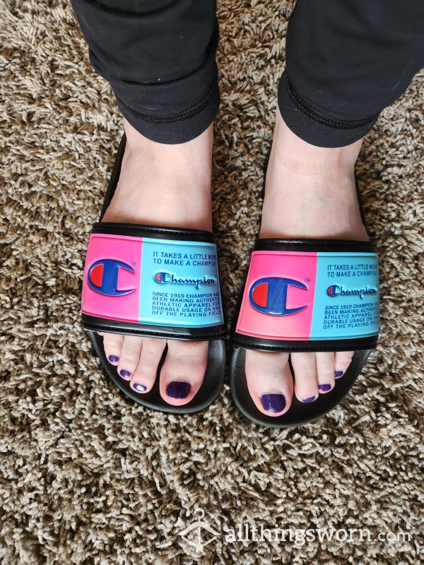 Champion Size 7 Black Blue And Pink Slide Sandals