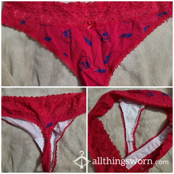 Cotton And Lace Thong - Skulls And Lightning